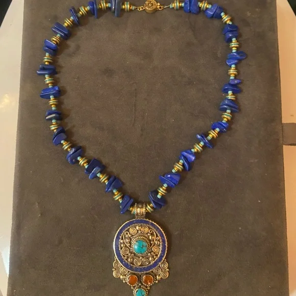 Handmade Lapis turquoise gold filled medallion necklace - Picture 2 of 2